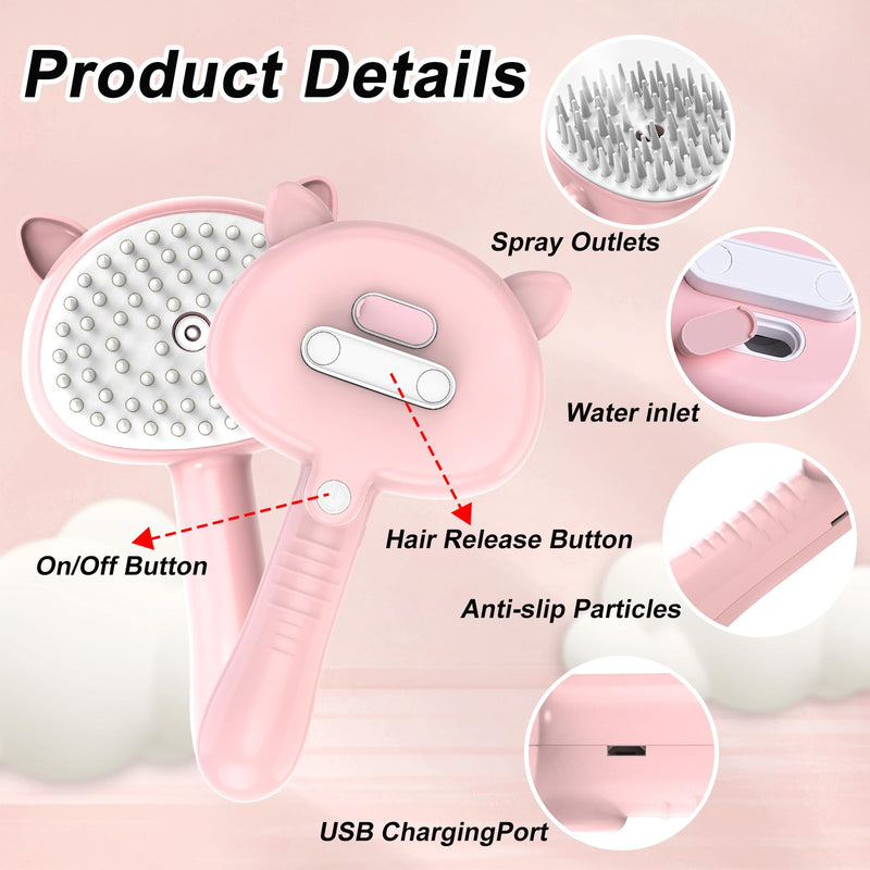 Cat brush with steam, 4 in 1 steam brush cat, multifunctional cat brush, cat steam brush for massage, care and hair removal animal hair brush steam brush with water tank steam brush cat pink - BeesActive Australia