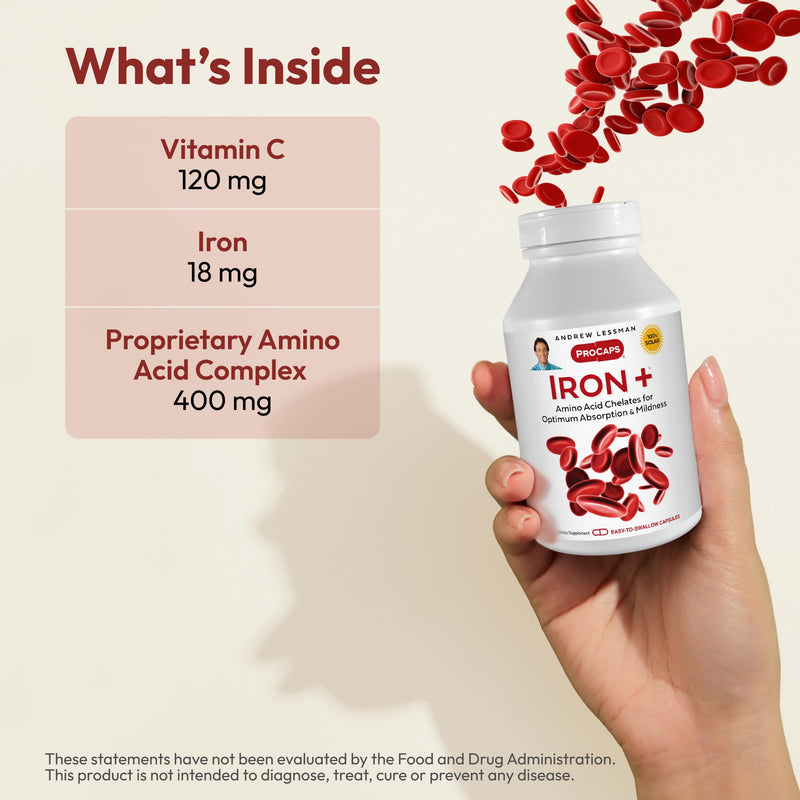 ANDREW LESSMAN ProCaps Iron Plus 18mg Chelated Iron 360 Capsules | Gentle amino acid chelated iron with Vitamin C to support absorption. Non-acidic and easy on the stomach. 360 Count (Pack of 1)