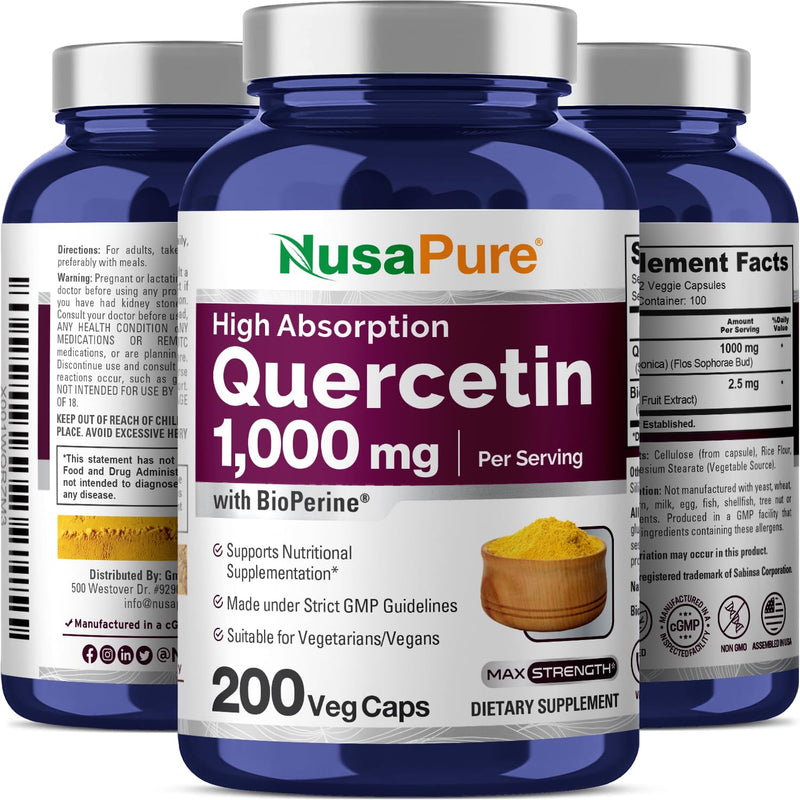 NusaPure Quercetin, Non-GMO, Vegan, 1000mg, 200 Veg Capsules - 100 Servings | Plant Based Formula, Sophora Japonica & BioPerine, Suitable for Adults, Manufactured in cGMP Registered Facility USA