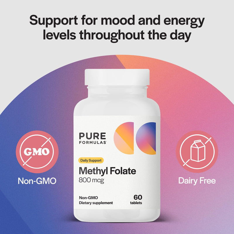 PureFormulas Methylfolate 800 mcg – Active B9 (5-MTHF) for Cardiovascular, Nerve & Mood Health, Non-GMO Vegetarian Tablets, 60 Count 60 Count (Pack of 1)