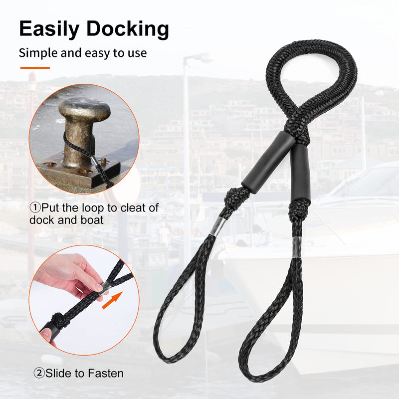 Bungee Dock Lines - Boat Accessories - 4 Feet Shock Cords Docking Rope Mooring Rope for PWC,Jet ski,Pontoon,Kayak,Canoe,Power Boat,Watercraft (Black) Black