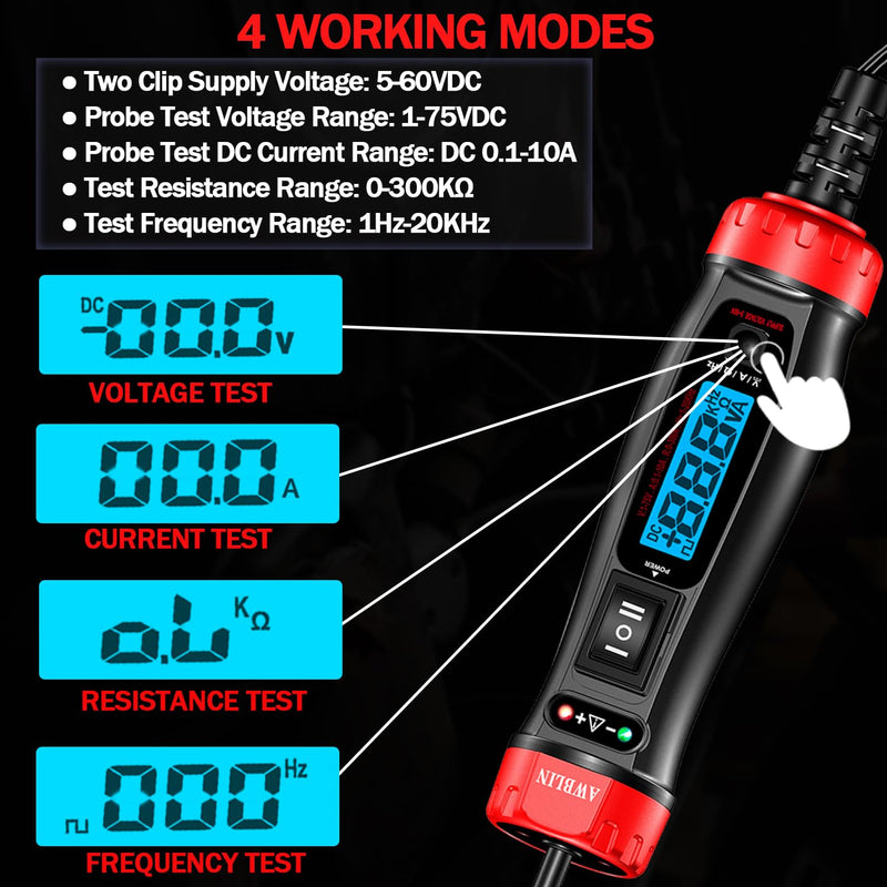 Upgrade Power Circuit Probe Tester, LCD Digital Automotive Test Light with Voltmeter&Illumination, DC Auto Voltage Tester, Relay Fuse Component Continuity Current Resistance Frequence Test.