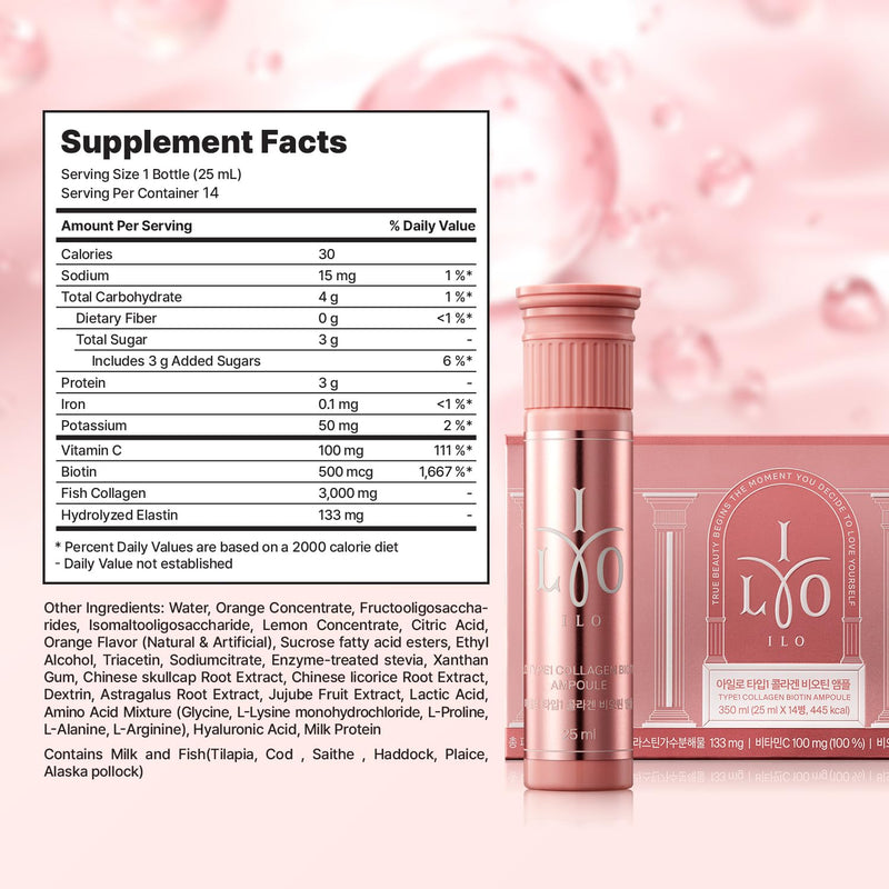 ILO Liquid Collagen Drink, 3000mg Type 1 Marine Collagen, 14 Bottles | 500 Dalton orange shots with biotin, ceramide, hyaluronic acid, vitamin C & Beau-mino Complex - no powder, no fishy taste 0.85 Fl Oz (Pack of 14)