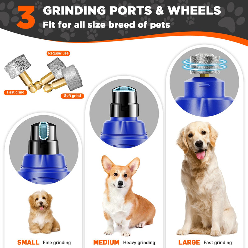 Dog Nail Grinder Quiet Painless Dog Nail Trimmers with 3 Grinding Bits 3-Speed 3 Grinding Ports 2 LED Lights Rechargeable Dog Nail Clippers for Large Small Pets-A Dark Blue - BeesActive Australia
