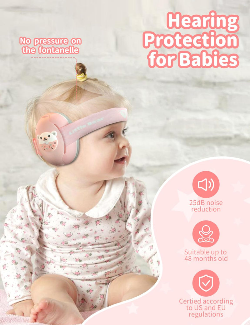 Baby Ear Muffs, 2-in-1 Baby Noise Canceling Headphone, Hearing Protection for Babies 0-48 Months, Adjustable Headband Pink