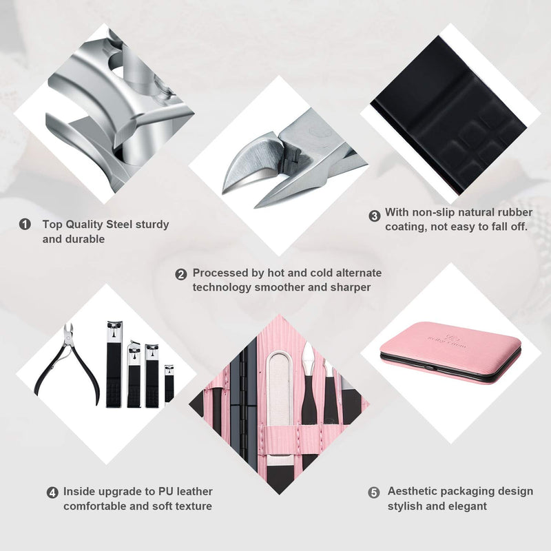 Manicure Set Professional Nail Clippers Kit Pedicure Care Tools- Stainless Steel Women Grooming Kit 18Pcs for Travel or Home (Pink) Pink
