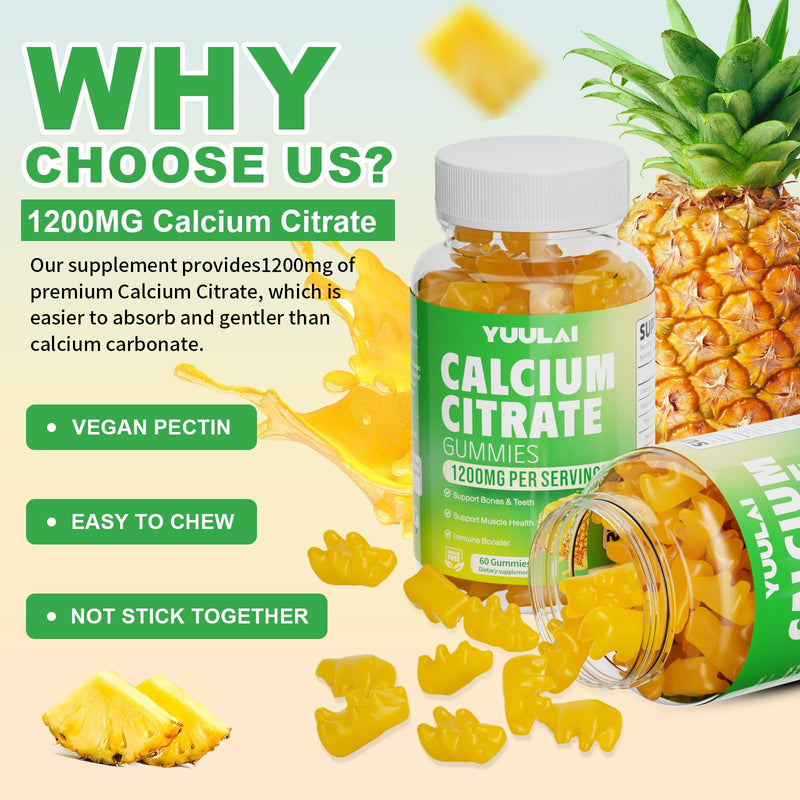Pack of 2 Calcium Citrate Gummies 1200mg, Chewable Calcium Supplements for Women & Men, Sugar Free Calcium Gummies for Bone, Muscle & Immune Support, Pineapple Flavor, 120 Count 120 Count (Pack of 1)