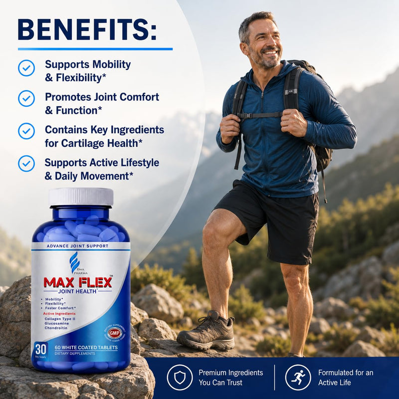 MAX FLEX UC II Collagen Joint Support Supplement | Glucosamine Chondroitin with Turmeric & Hyaluronic Acid | Joint Health & Mobility Support | Gluten Free Dietary Supplement | 60 Tablets (2 Per Day)
