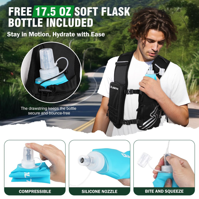 Running Vest for Women Men, Running Hydration Vest with 500ml Soft Flask & Touch-Screen Phone Pocket, Reflective Lightweight Hydration Backpack for Hiking with Adjustable Chest Waist Straps Medium-Large (Chest 33"-48")
