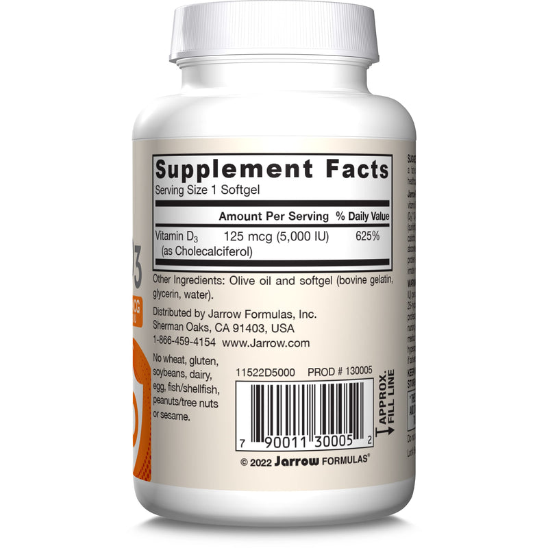 Jarrow Vitamin D3 Supplements 125 mcg (5,000 IU), 100 Softgels | Vitamin D Supplement For Bone Health, Immune Support & Calcium Metabolism Support, Gluten Free, D3 Vitamins, 100 Servings Unflavored 100 Count (Pack of 1)