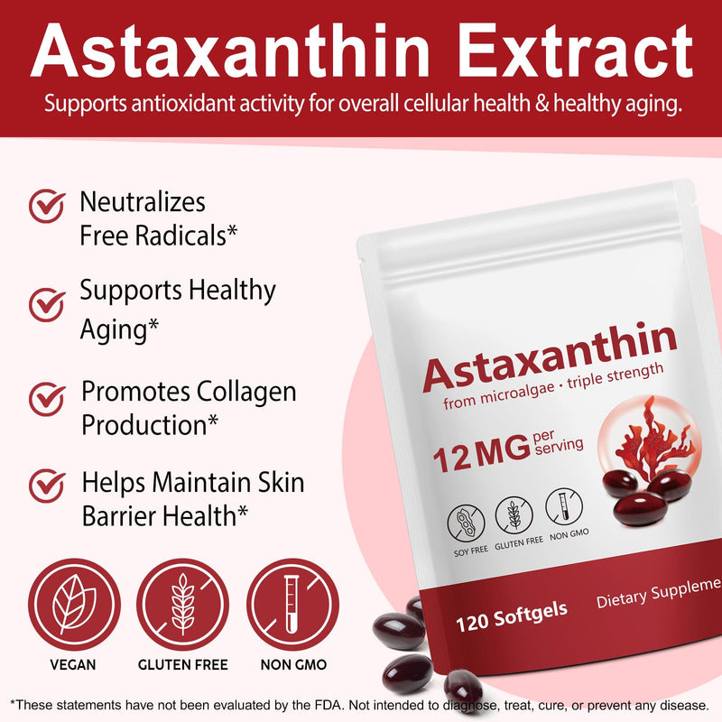 Astaxanthin 12mg Premium Astaxanthin Antioxidant Supplements Triple Strength Skin Vitamins for Women with Antioxidant Activity Supports Eye, Joint, Internal Circulation, Skin Health (120PCS) 120 Count (Pack of 1)