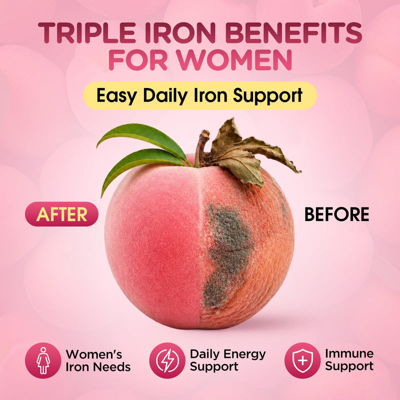 Iron Gummies for Women, Triple Iron Supplement with Multivitamin Iron Gummies with Vitamin C, A, B, Folate, Copper, Zinc for Energy & Blood Support, Immune Health, Vegan Peach, Flavor 120 Counts 120 Count (Pack of 1)