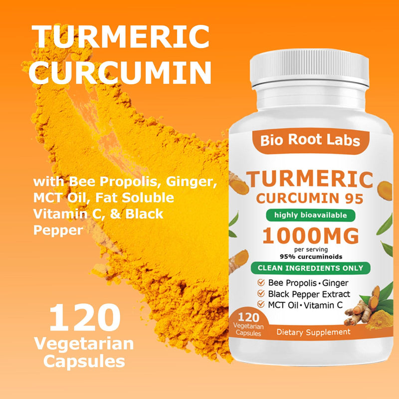 1pcsBio Root Labs Turmerc Curcumin Supplement, BioRoot Labs Tumeric Curcumin 1,00omg - 95% Curcuminoids wth Black Pepper & Ginger,Fat Soluble Vitamin C,Enhanced Absorption,120 Capsules (1PCS) 1pcs