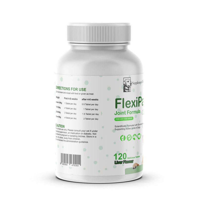 FlexiPaw - High Strength Hip And Joint Supplement for Dogs with Glucosamine, Chondroitin, Green Lipped Mussel | 120 Tablets