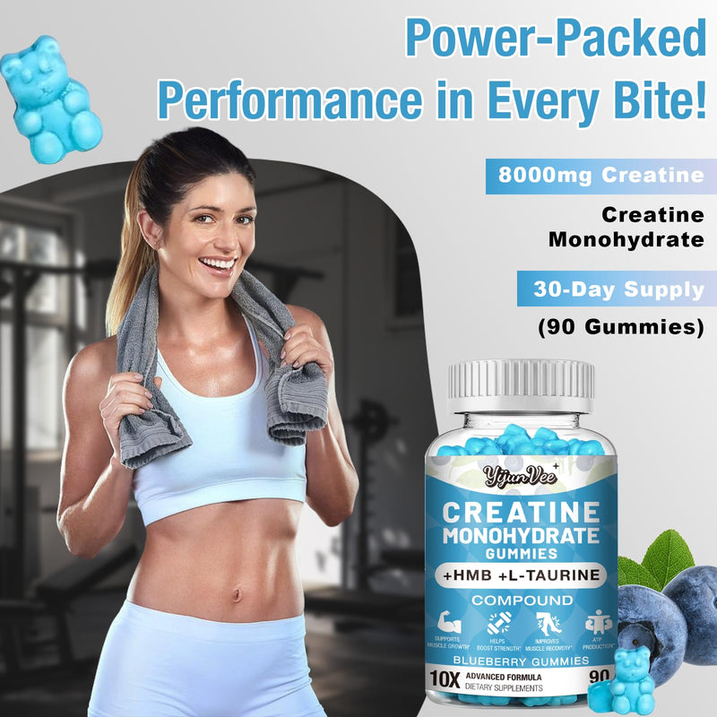 8000MG Creatine HMB Monohydrate Gummies for Men & Women - L-Carnitine,L-Taurine & Vitamin B6 12,10X Absorption,8 Gram of Creatine Monohydrate per Serving, Blueberry Flavor Gummy,180 Counts