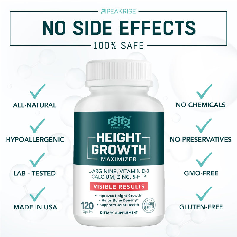 BIOTEQUELAB Height Growth Maximizer, Calcium, Vitamin D3 and Zinc Blend Pills, Bone Growth Supplement for Kids and Teens, Bone Strength, Density Support, GMO-Free, Gluten-Free, Made in USA, 120 Caps 120 Count (Pack of 1)