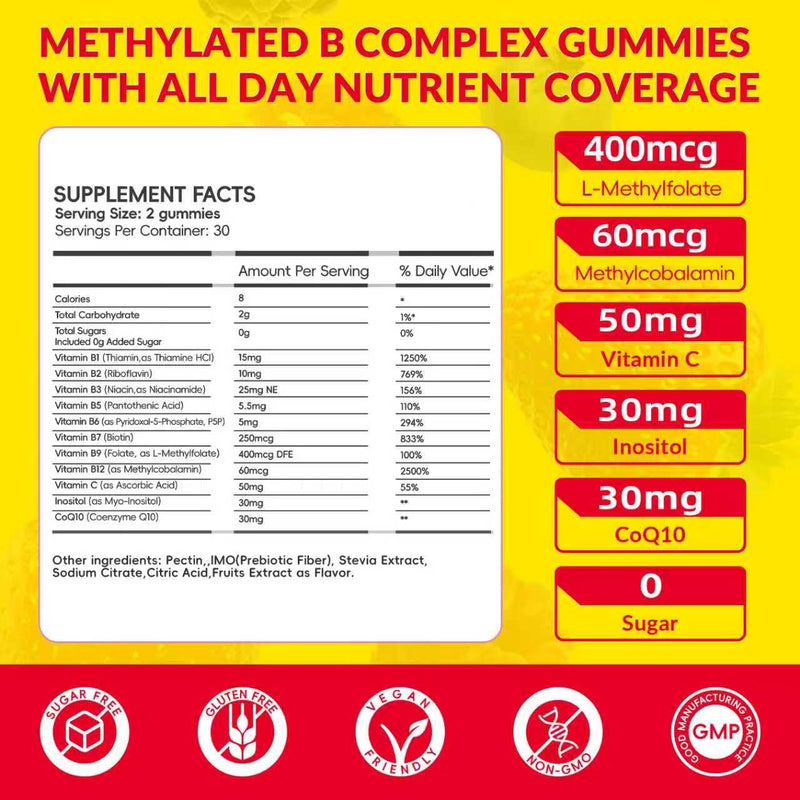 Liquid-Filled B Complex Gummies for Daily Routine, Juicy Berry Flavor, Complete B Vitamins with Vitamin C, CoQ10 & Inositol, Easy to Enjoy, 60 Gummies x 2 (120 Total) 60 Count (Pack of 2)
