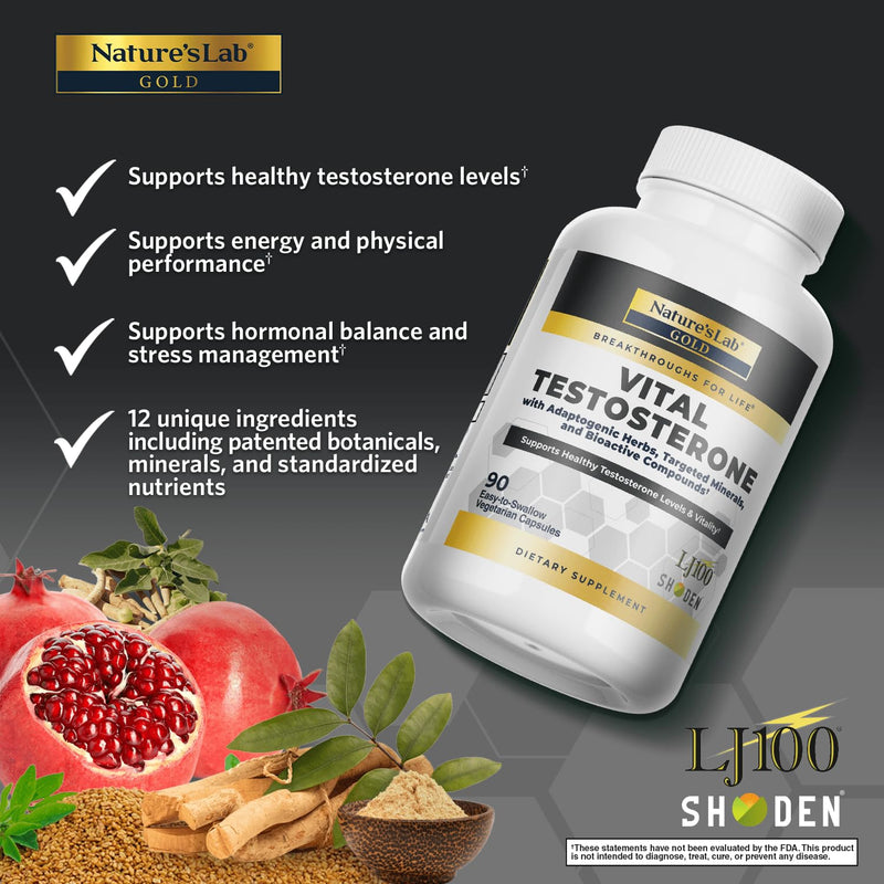 Nature's Lab Gold Vital Testosterone with Adaptogenic Herbs, Targeted Minerals and Bioactive Compounds* - Supports Healthy Testosterone Levels & Vitality* - 90 Capsules (30 Day Supply)