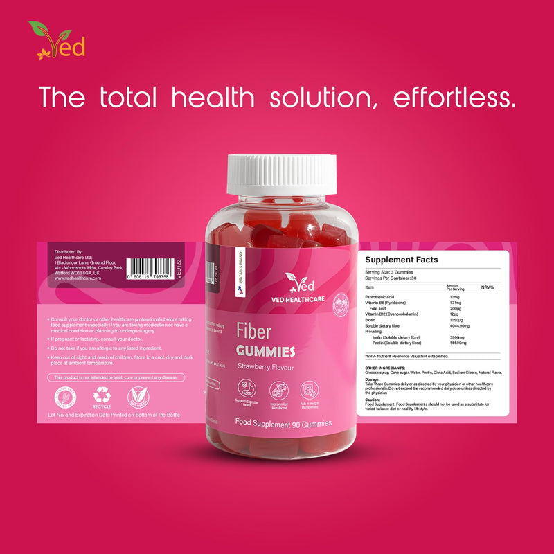 Ved Fiber Gummy Strawberry Flavour Fiber Gummies for Adults - Fiber Supplement for Women & Men- Digestive Health Vitamin Gummies