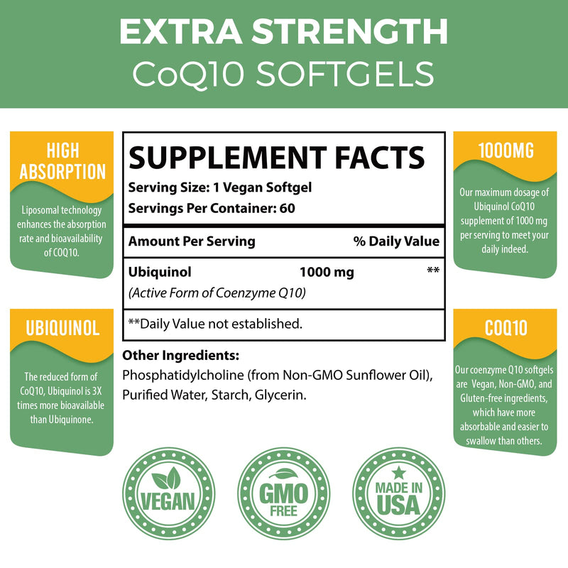1000mg Liposomal CoQ10 Softgels | Better Absorption CoQ10 Ubiquinol Supplement | Heart Function & Energy Production | Active Antioxidant Form of Vegan Coenzyme Q10 | Non-GMO | 240 Softgels 60 Count (Pack of 4)