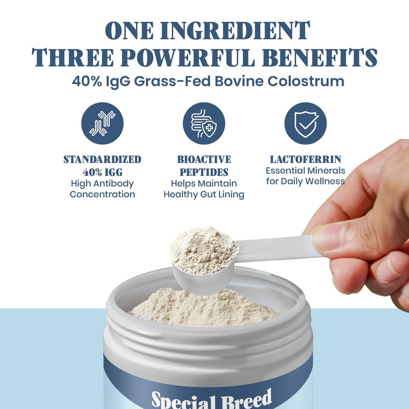 40% IgG Grass Fed Colostrum for Dogs, Third Party Tested High Potency Colostrum Powder, Immune Support, Prebiotic Gut Health, Seasonal Allergy and Itch Relief, Made in USA, 2.5 Oz Bovine 40% IgG 180 Scoops