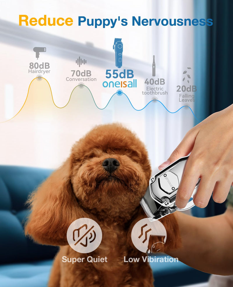 oneisall Dog Clippers for Grooming for Thick Heavy Coats/Low Noise Rechargeable Cordless Pet Shaver with Stainless Steel Blade/Waterproof Dog Shaver for Dogs Pets and Animals (Sliver) A Stainless Steel - BeesActive Australia