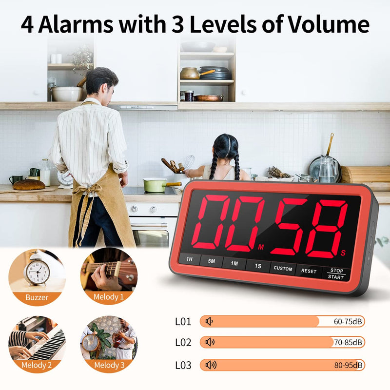 VOCOO Digital Kitchen Timer with 7.8” Extra Large Display, Magnetic LED, with 3 Brightness, 4 Alarms and 3 Volume Levels, Battery Powered Countdown Count Up Timer for Cooking, Classroom, Home Gym Black Red