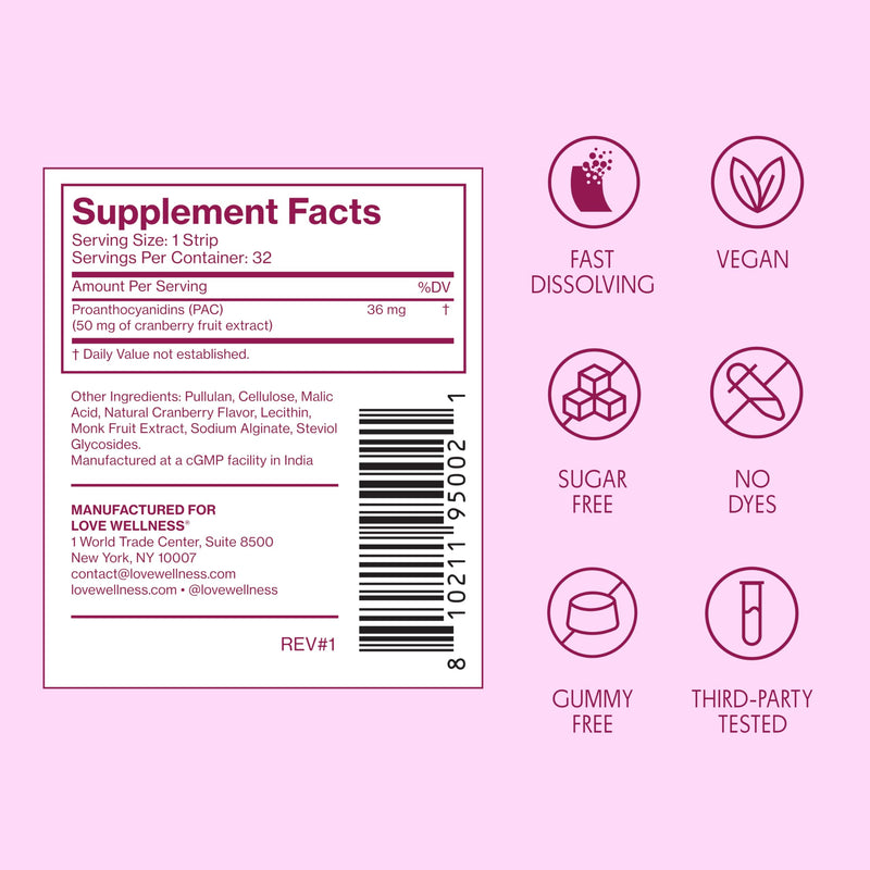 Love Wellness Urinary Tract* Quick Melt Strips - Fast-Dissolving UT Support with 36 mg PACs from Cranberry Fruit Extract - Promotes Urinary Health* - No Water Needed - Vegan and Sugar Free - 32 Strips - BeesActive Australia