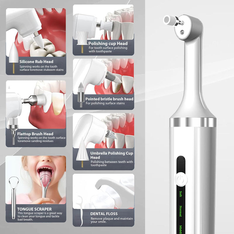 Plaque or Electric Tartar Polishing Teeth Kit with LED Light 5 Speed Modes with 5 Replacement Brush Heads (White) - BeesActive Australia