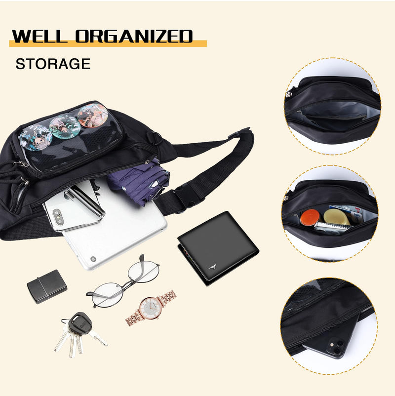 Ita Bag Fanny Pack Belt Bag Shoulder Bag with Pin Display for Travel Walking Running Hiking Cycling Stylish and Versatile Waist Pack (BLACK) Black