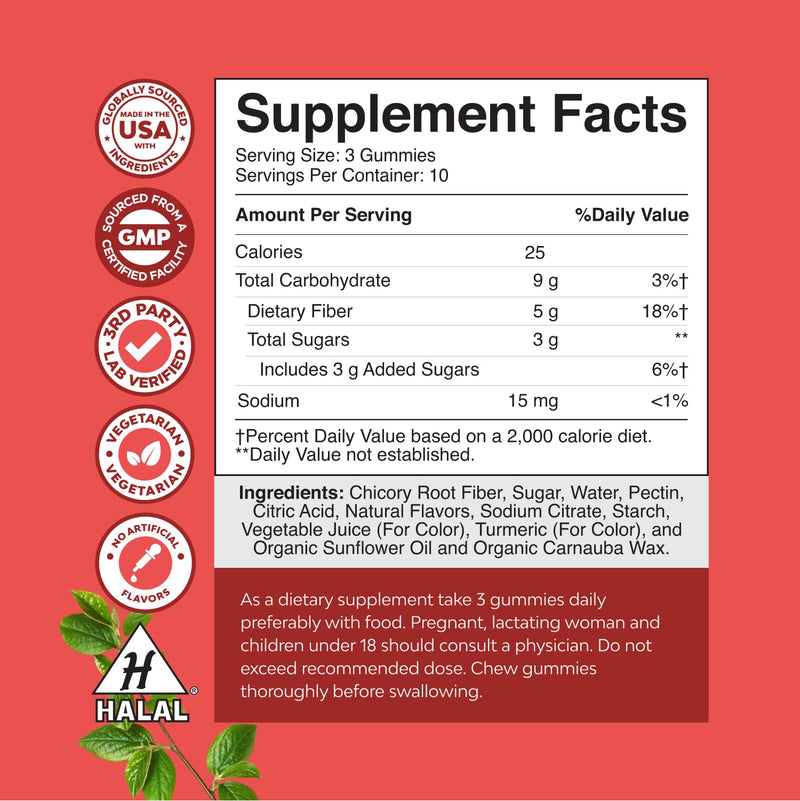 Tasty Prebiotic Fiber Gummies for Adults - High Fiber Supplement Gummies Vitamins for Adults with Prebiotic Soluble Chicory Root for Immunity and Digestive Support - Non GMO Vegan Halal 30 Count 30 Count (Pack of 1)