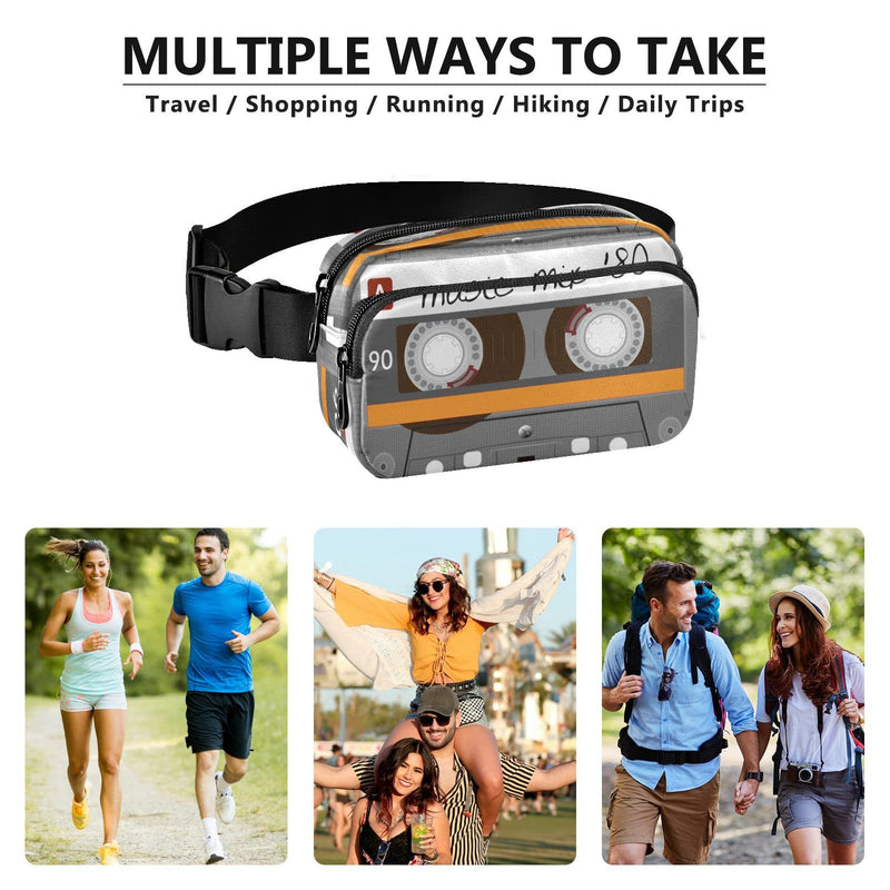 Exnundod Unique Music Mix 80s Tape Fanny Waist Pack for Women Men, Retro Cassette Crossbody Pack with Adjustable Strap Belt Bag Hip Bum Bag for Running Hiking Cycling Traveling Music Tape