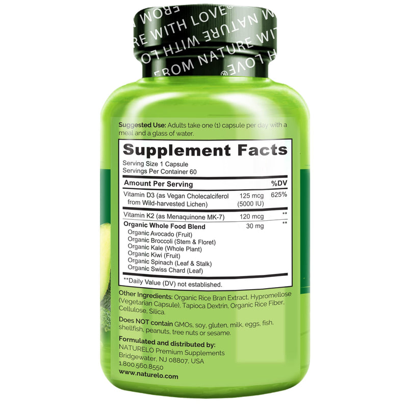 NATURELO Vitamin D3 K2 - Vegan K2+D3 with Plant Based D3 from Lichen - Natural D3 Supplement for Immune System, Bone Support, Heart Health - Whole Food - Non-GMO - Gluten Free, 60 Capsules (Pack of 2) Unflavored 60 Count (Pack of 2)