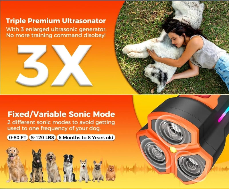 TFS-PRO Ultrasonic Dog Bark Deterrent Device, 3-in-1 Dog Training Tool with Adjustable Frequency 20-30kHz, 55ft Range, LED Flash & Sound Mode, Handheld Anti Bark Trainer for Small Medium Large Dogs