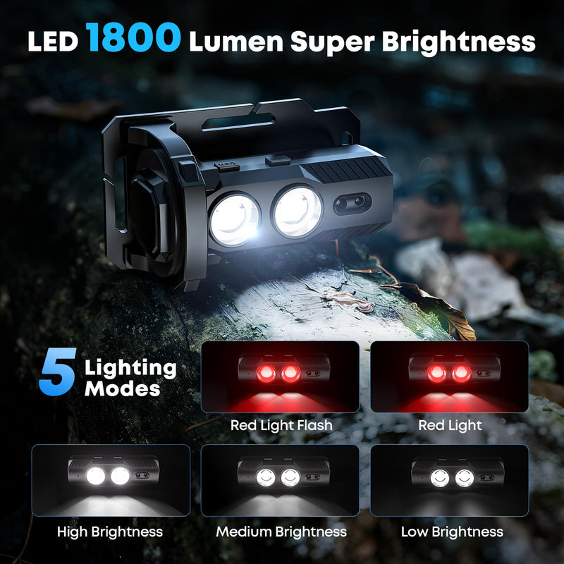 LED Headlamp Rechargeable 2PCS 1800L Mini Flashlight with Magnet with White & Red Light, 5 Lighting Modes Angle Adjustable Motion Sensor Head Lamp for Outdoor, Camping, Hiking, Working