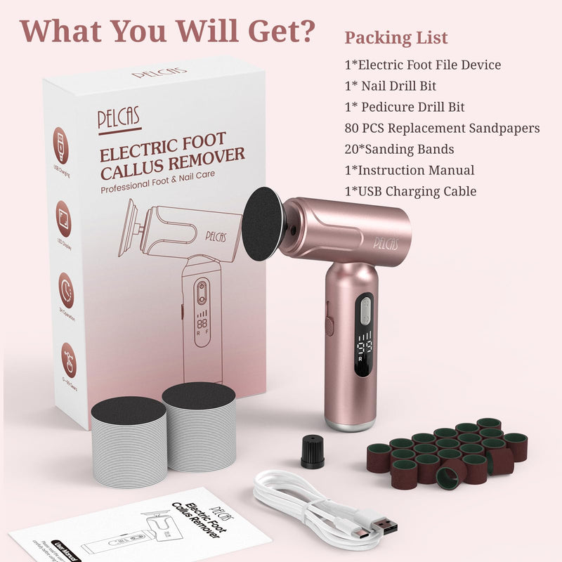 PELCAS Electric Foot Callus Remover with LED Screen, 2 in 1 Manicure & Pedicure Kit, 100 PCS Sandpapers Electric Foot File for Women & Men, Cordless Feet Filer for Foot Callus, Thick Nails Pink - BeesActive Australia