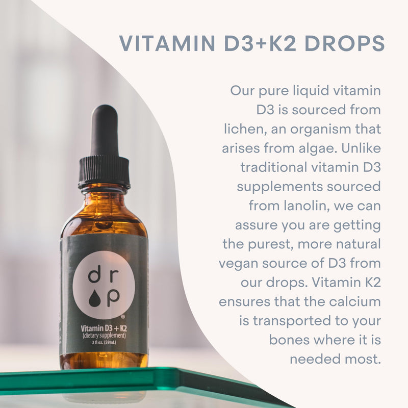 Drop Vitamin D3 + K2 Liquid Drops, 1000 IU Vegan D3 from Lichen, 45 mcg K2 (MK-4 and MK-7), with Organic MCT Coconut Oil, Bone and Immune Support, Non-GMO and Vegan, 59 Servings, 2 fl oz