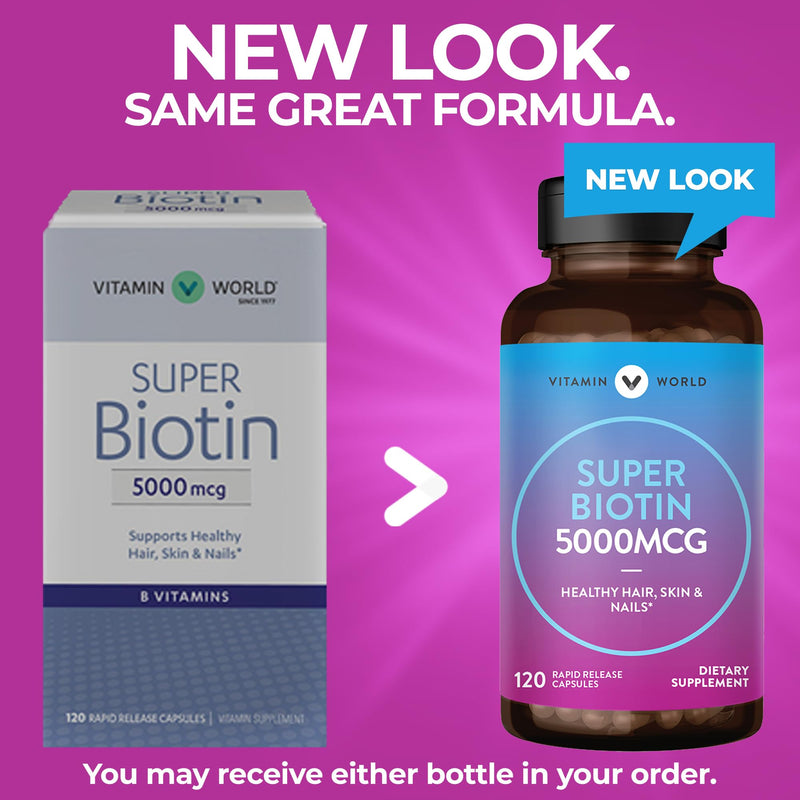 Vitamin World Super Biotin 5000 mcg for Hair, Skin and Nails, 120 Capsules | Biotin Supplement, Gluten Free, 120 Day Supply