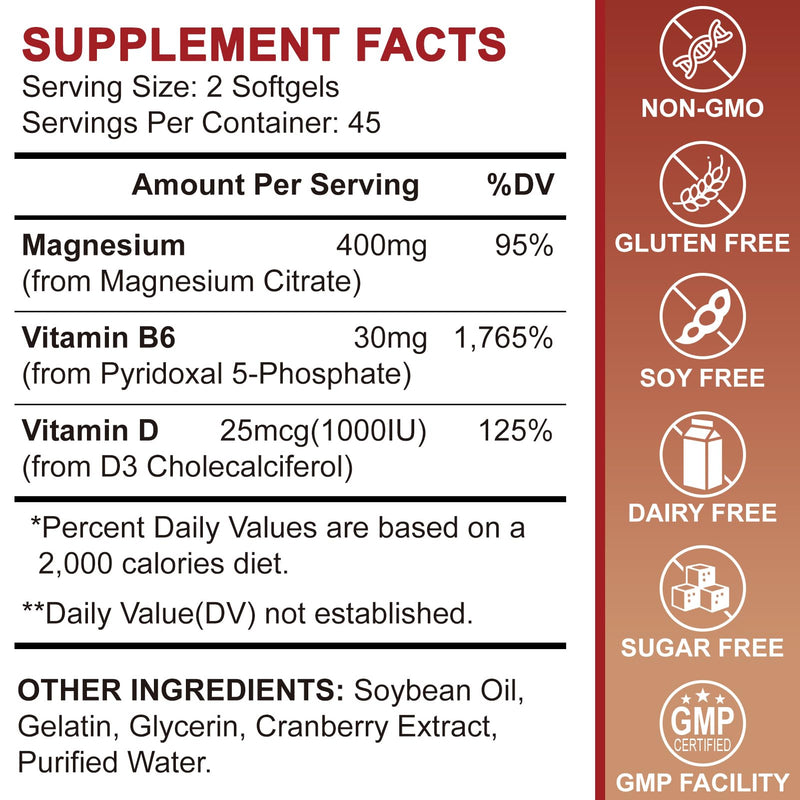 Magnesium Citrate Supplements 400mg for Women & Men, 180 Count | Magnesium Citrate with Vitamin D3, B6 and Cranberry Extract High Absorption for Night Quality, Muscle & Bone, 90 Servings 90 Count (Pack of 2)