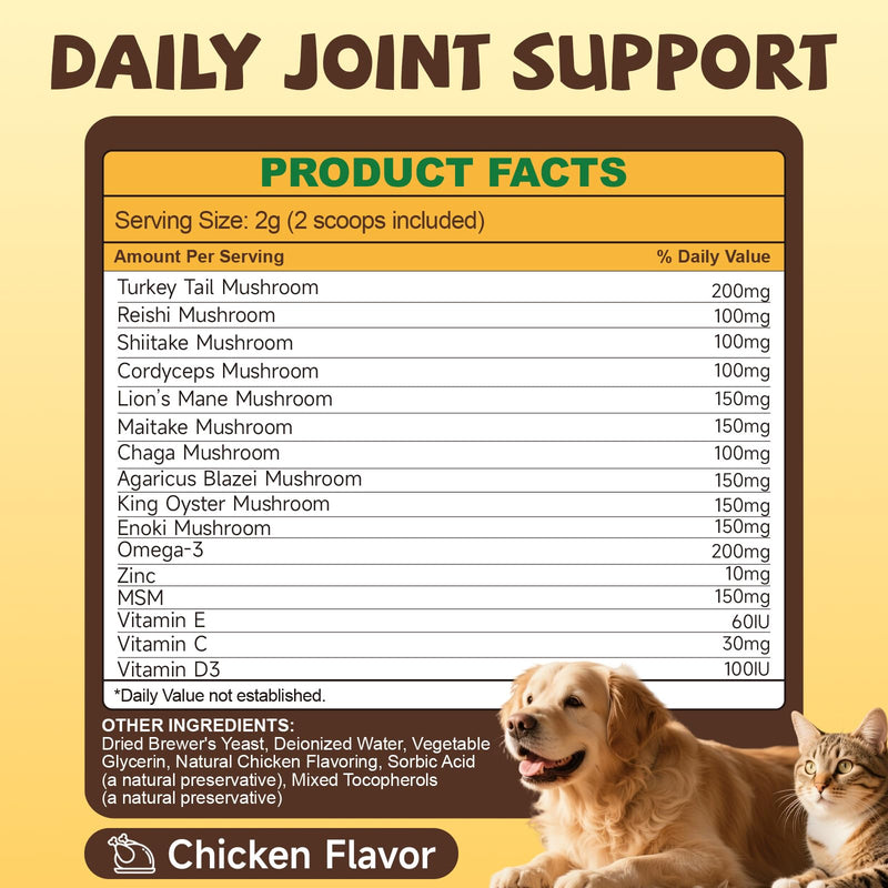 Mushroom for Dogs & Cats Lumps & Bumps, Turkey Tail Mushroom for Dog with MSM for Joint Health, 16 in 1 Dog Mushroom Powder with Reishi, Lion’s Mane-Immune, Cognitive, Digestive, Liver Health & Skin