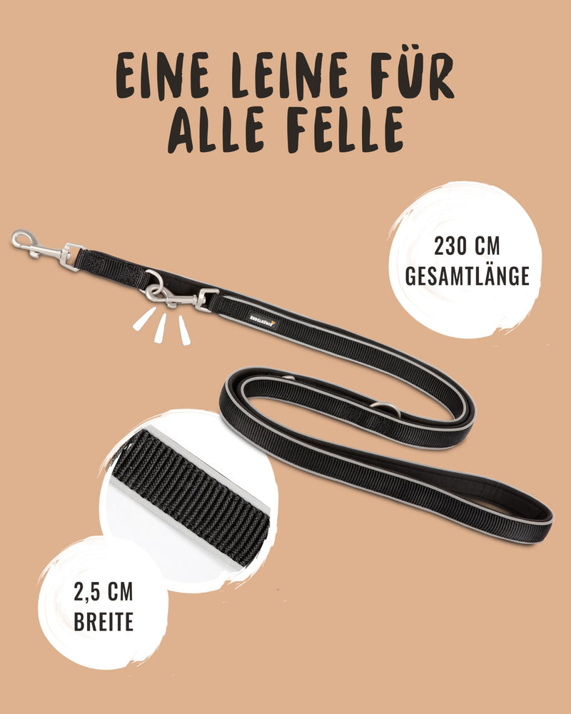 Rudelkönig Lead Leash Paola - 2.30 m Length - Adjustable Dog Leash Large Dogs & Medium Dogs - Reflective Dog Leash in Black 230 x 2.5 cm Black Reflective - BeesActive Australia