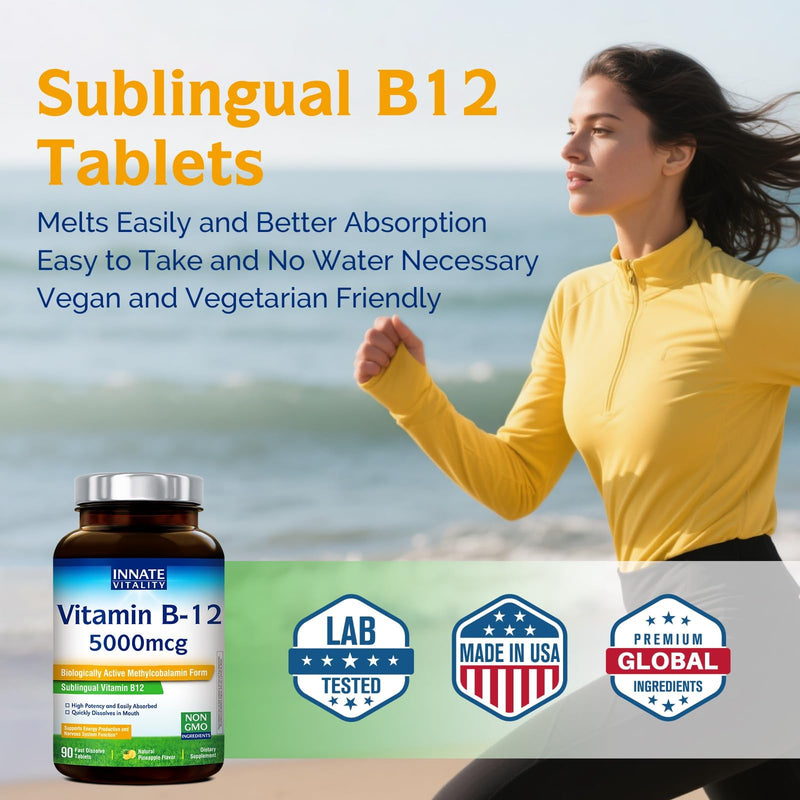Innate Vitality Vitamin B12 5000mcg, Sublingual, Vegan Methylcobalamin, Fast Dissolve Tablets, Natural Pineapple Flavor, Supports Energy Production & Healthy Nervous System, 90 Tablets