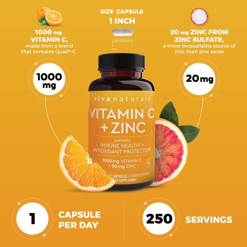 Viva Naturals Vitamin C and Zinc Supplements 1000mg - Zinc 20mg (250 Veggie Capsules) - High-Potency & Vitamin C with Zinc for Immune Support - Non-GMO, Gluten Free (8 Months Supply) Vitamin C + Zinc 250 Count (Pack of 1)