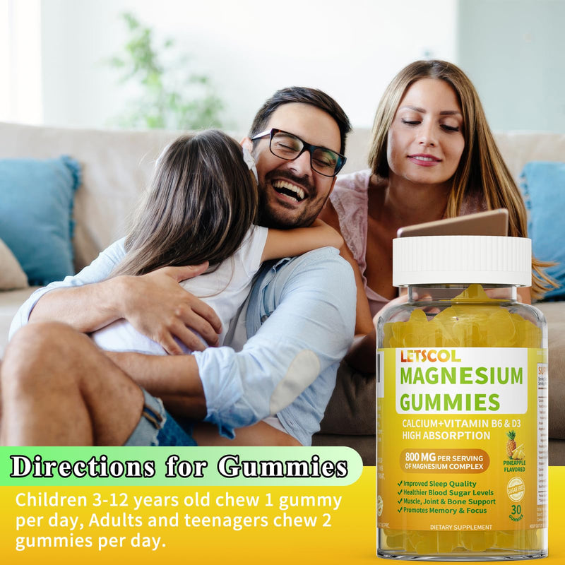 Magnesium Glycinate Gummies, Sugar Free Magnesium Supplement with Magnesium Malate, Calcium, Vitamin D3, B6, CoQ10 for Calm Support & Sleep for Adults Kids Pineapple 30 Count (Pack of 1)