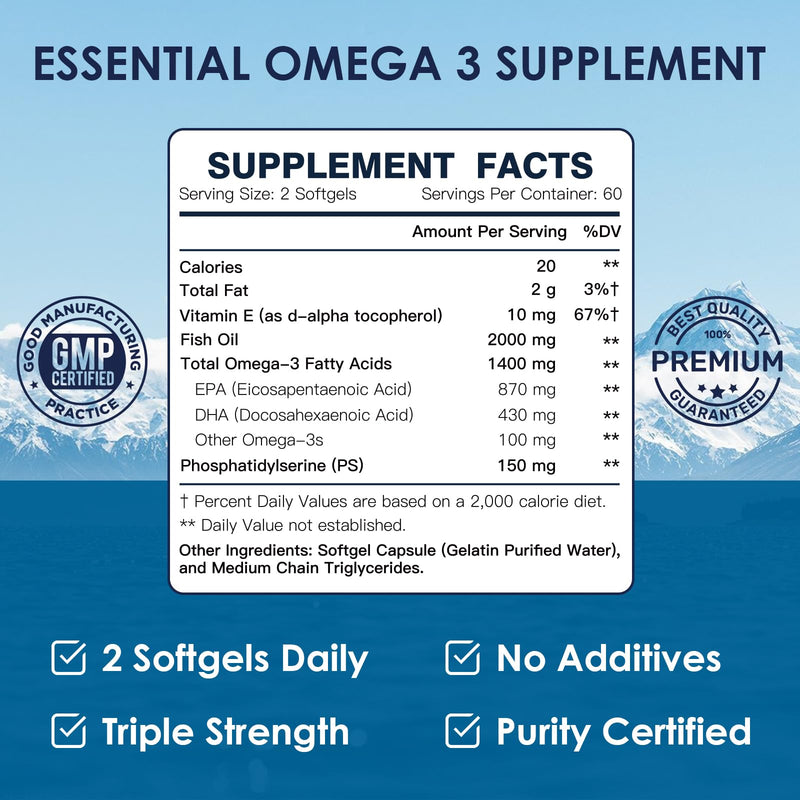 DRFOSTER Omega-3 Fish Oil 2000mg, 120 Softgels | Extra-Strength DHA + EPA, PS & Vitamin E, Brain, Cognition, Heart Health, Sustainably Sourced 120 Count (Pack of 1)