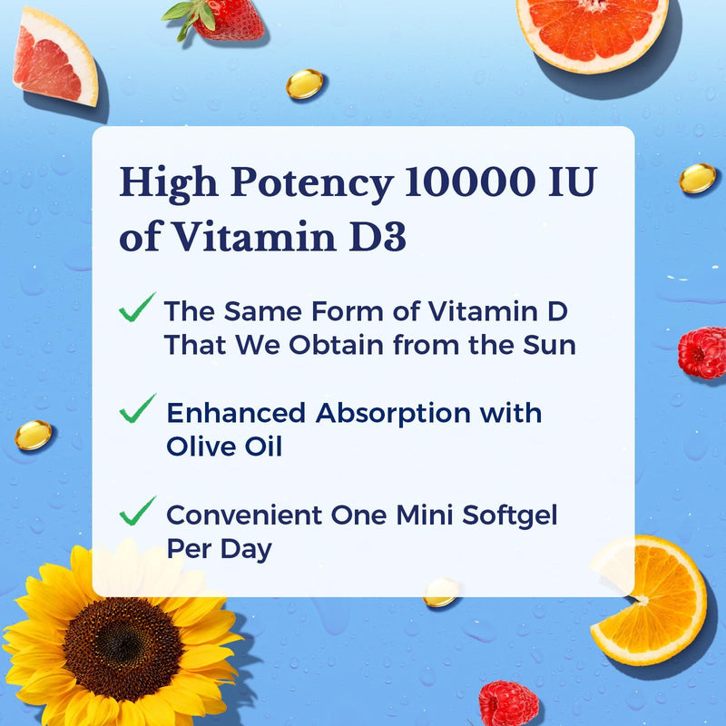 Vitalitown Vitamin D3 10,000 IU (250 mcg), High Potency for Bone, Teeth, and Immune Function Support, Olive Oil Based, Enhanced Absorption, 240 Softgels