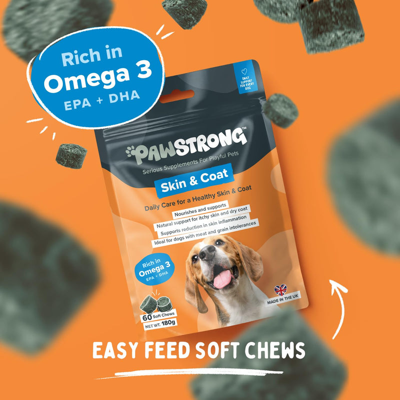 Skin & Coat Soft Chew Dog Supplements – Daily Care for Healthy Skin & Coat with L-Methionine, Zinc, Biotin & Spirulina and Omega 3 EPA & DHA – 60 Soft Chews 60 Chews