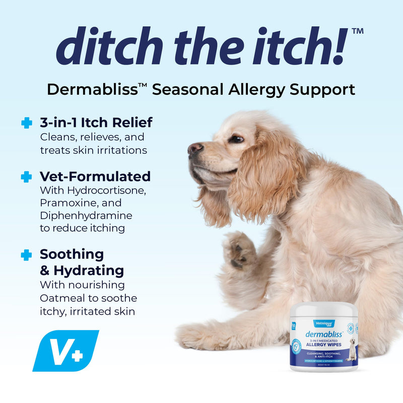 Dermabliss 3-in-1 Wipes and Dermabliss Anti-Itch & Allergy Relief Spray (8oz) Bundle Seasonal Allergy Wipes for Dogs with Itchy Skin Plus Targeted Itch Relief Hydrocortisone Spray for Dogs - PawsPlanet Australia