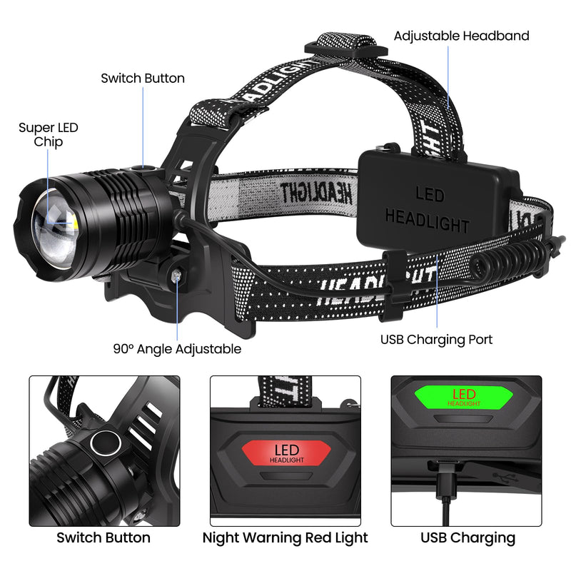LED Headlamp Rechargeable 2Pack, 99000 Lumens Bright Head Lamp, 90° Adjustable Head Lights for Forehead with 3 Modes, Long Runtime & Waterproof Headlamps for Adults Camping Hiking 2