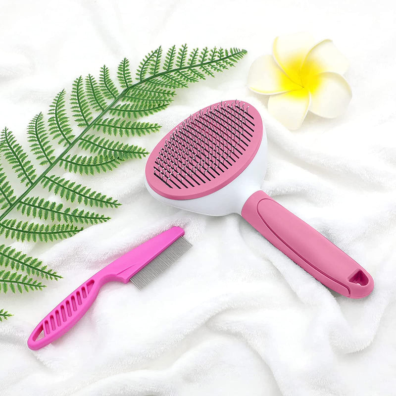 Cat Brush for Shedding and Grooming, Pet Self Cleaning Slicker Brush with Cat Hair Comb by KALAMANDA(Pink) Pink - BeesActive Australia